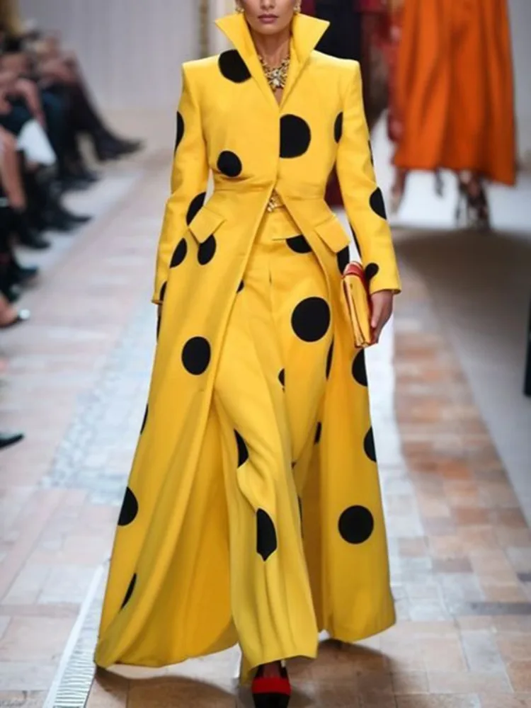 Yellow Winter Clothing - Gymystars Polka-Dot Woolen Coat Women's Long